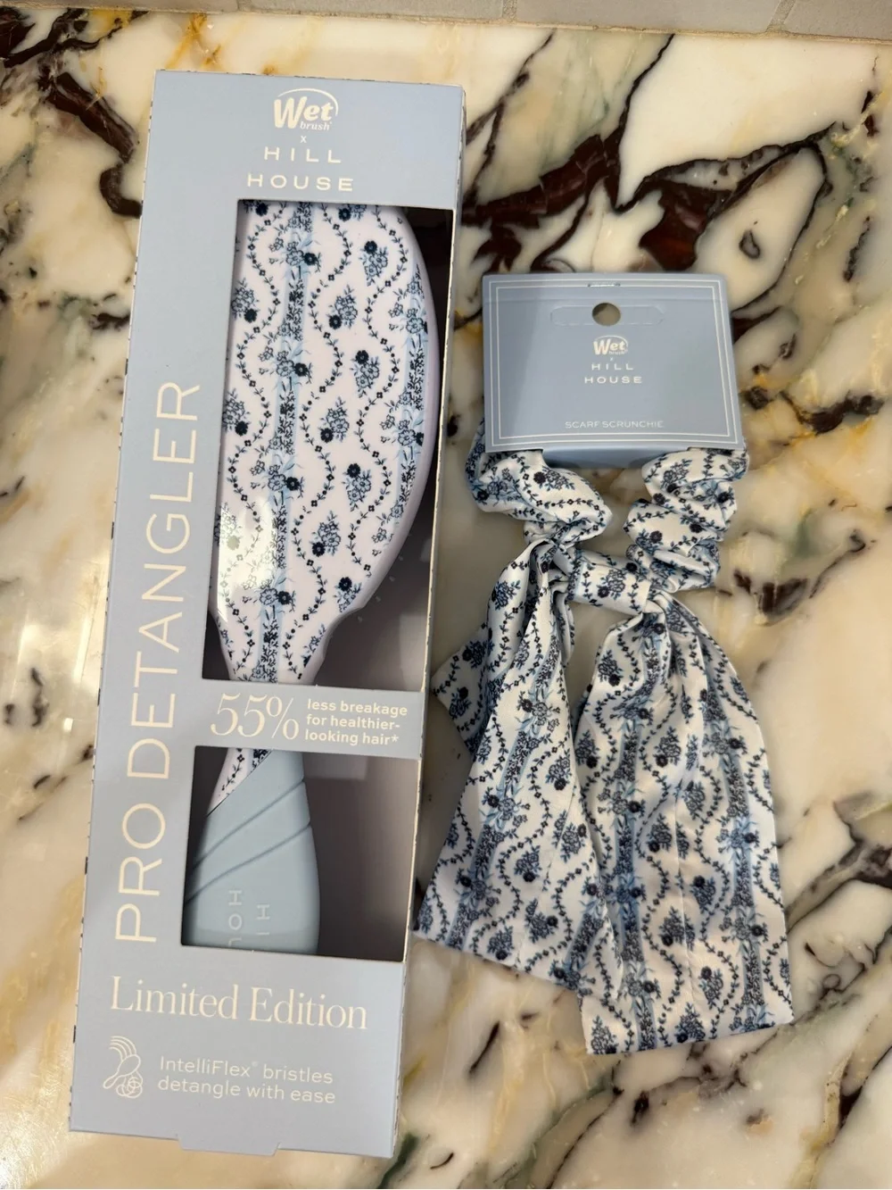Hill House White and Blue Floral Pro Detangler with Scarf Scrunchie